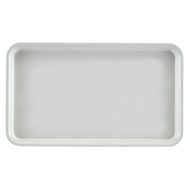 A rectangular, shallow, white Camtray with rounded corners and raised edges, made of high-impact fiberglass and dishwasher safe, is placed on a plain light gray background. The tray is empty and viewed from above.