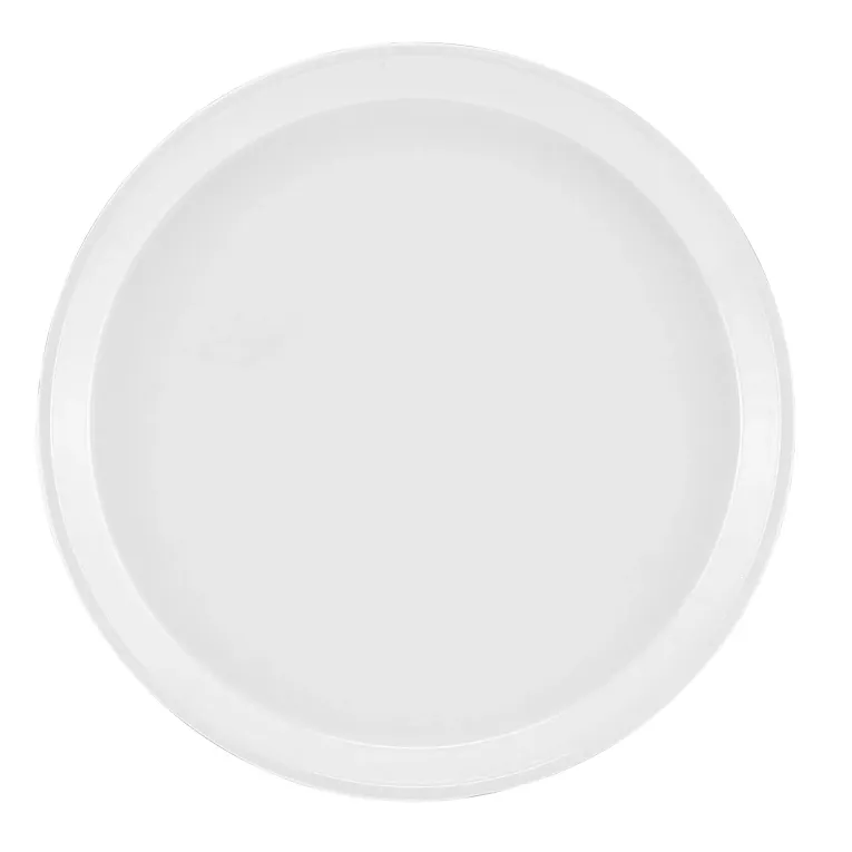 A plain, round, white plate is shown from above against a white background. The smooth, glossy surface resembles an NSF-approved Serving Camtray but features no patterns or designs and has a slightly raised rim.