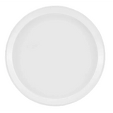 A plain, round, white plate is shown from above against a white background. The smooth, glossy surface resembles an NSF-approved Serving Camtray but features no patterns or designs and has a slightly raised rim.