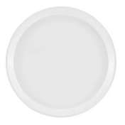 A plain, round, white plate is shown from above against a white background. The smooth, glossy surface resembles an NSF-approved Serving Camtray but features no patterns or designs and has a slightly raised rim.