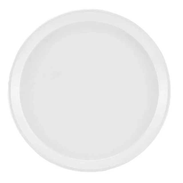A plain, round, white plate is shown from above against a white background. The smooth, glossy surface resembles an NSF-approved Serving Camtray but features no patterns or designs and has a slightly raised rim.