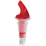 A BPA free red spout liquor bottle pourer, the Proper Pour III features a tapered angled top and clear ribbed silicone seal for a snug fit. Its transparent base allows for precise, controlled pouring. The background is plain white.