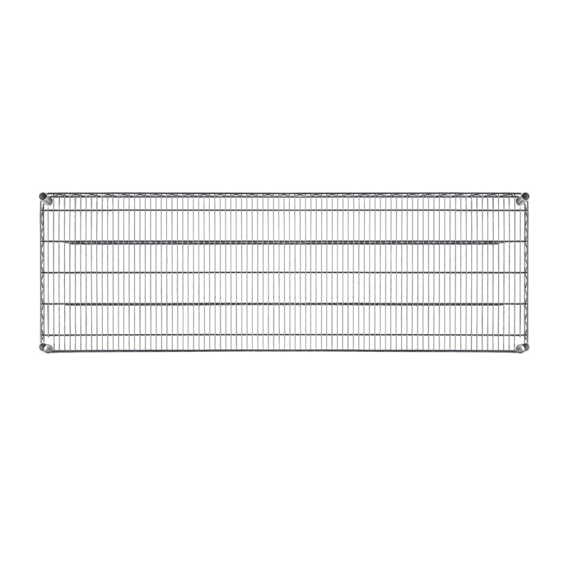 A rectangular, chrome plated wire shelf with evenly spaced bars and four rounded corners with mounting sockets, designed for use as a 48x21 shelf in modular storage systems. The background is plain white.