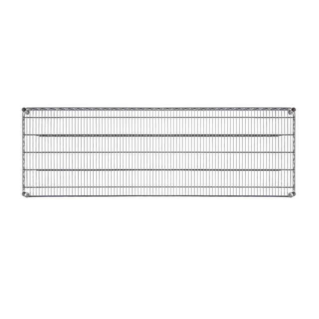A rectangular, chrome plated 48x18 wire shelf with four corner supports and multiple parallel horizontal and vertical bars forming a grid pattern. The shelf is empty and photographed against a plain white background.