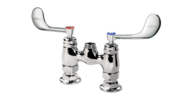 A chrome deck faucet with vandal resistant wrist blade handles shaped like wings, marked red for hot and blue for cold, mounted on a metal base with a central threaded spout opening, against a plain white background.