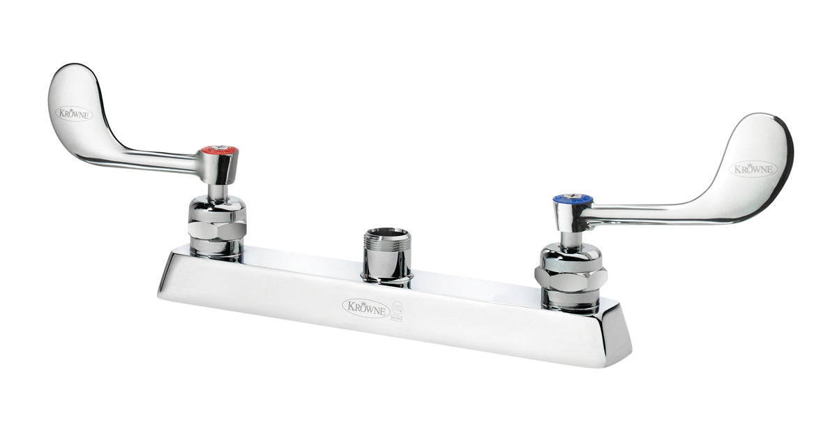 A chrome-plated deck mount faucet with two lever handles; the left with a red marker for hot water and the right blue for cold. The outward-angled levers are wrist blade handles, and the base features a central threaded outlet for a spout or hose.