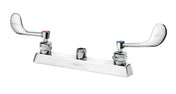 A chrome-plated deck mount faucet with two lever handles; the left with a red marker for hot water and the right blue for cold. The outward-angled levers are wrist blade handles, and the base features a central threaded outlet for a spout or hose.
