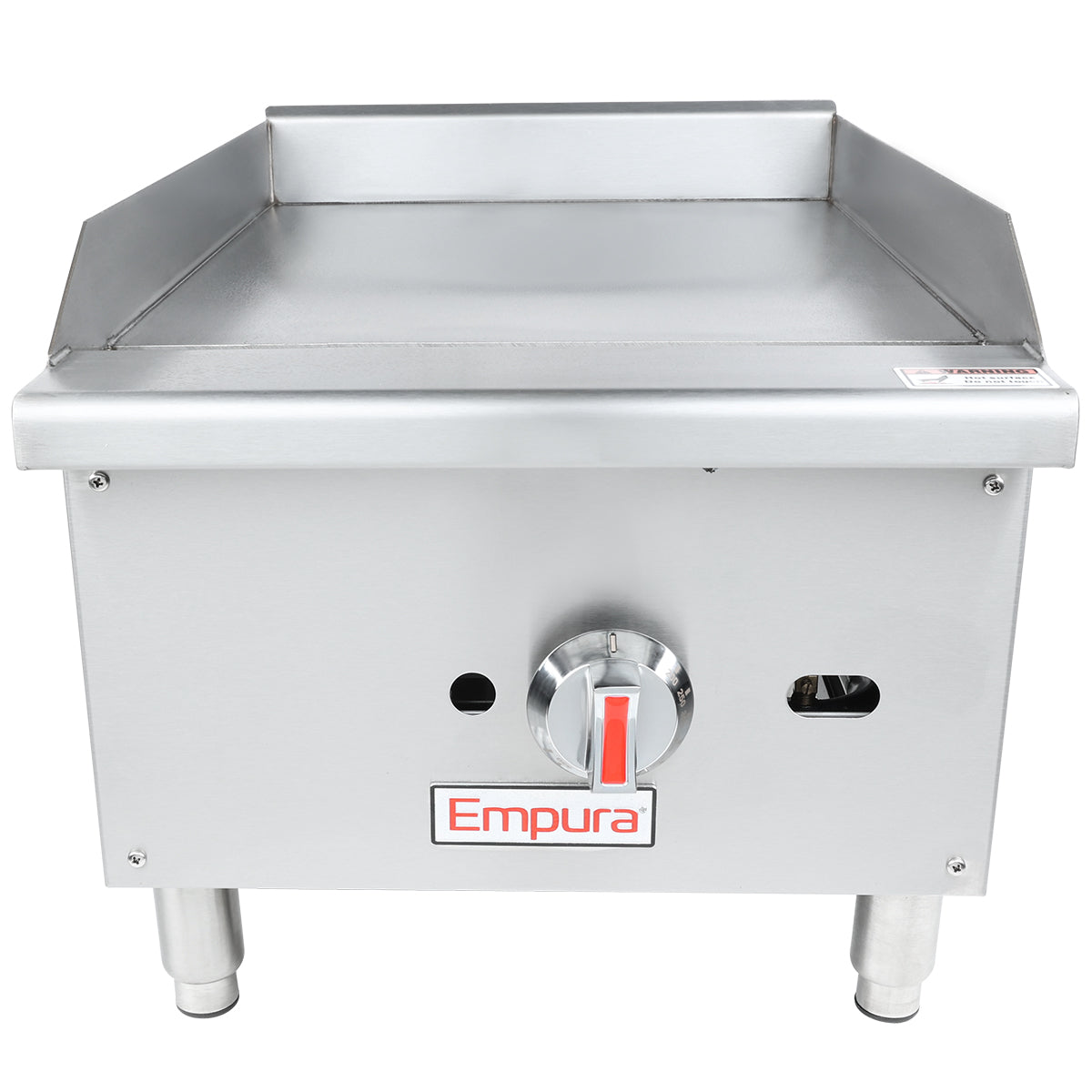 The Empura EGG-16S stainless steel gas countertop griddle features raised side and back edges, a large central control knob, and a red and white Empura label on the front. This durable griddle stands securely on four short legs.