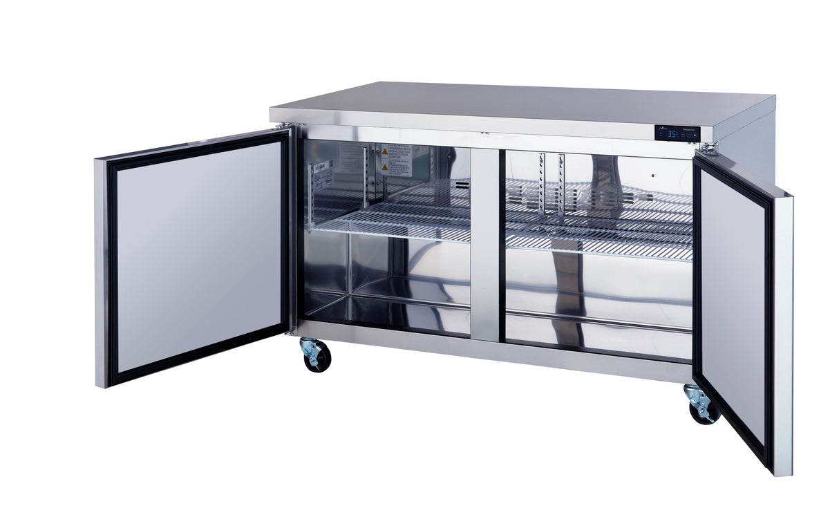 A two-section stainless steel commercial refrigerator with two wide doors open, revealing empty metal shelves inside. The unit stands on four wheels for mobility and features a digital control panel on the upper right side.