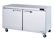 A clean, modern commercial stainless steel refrigerator on wheels with double doors, horizontal handles, and a digital temperature display. This ENERGY STAR refrigerator is ideal for kitchens or food service settings seeking efficiency and style.