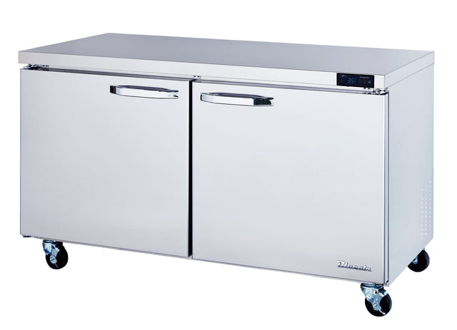 A clean, modern commercial stainless steel refrigerator on wheels with double doors, horizontal handles, and a digital temperature display. This ENERGY STAR refrigerator is ideal for kitchens or food service settings seeking efficiency and style.