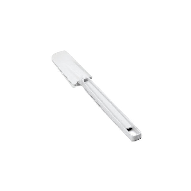 A white, BPA free silicone spatula with a rectangular, slightly curved head and a long, straight handle. The handle has a small hole for hanging. This dishwasher safe spatula is positioned diagonally on a plain white background.