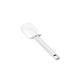 A white plastic spatula with a flat, slightly curved, heat resistant blade and a long handle. The handle has a small hole near the end for hanging. This spatula is dishwasher safe and is placed on a plain white background.