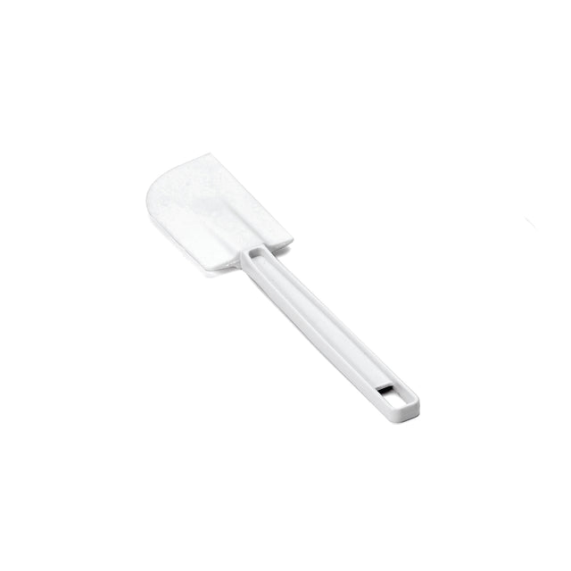 A white plastic spatula with a flat, slightly curved, heat resistant blade and a long handle. The handle has a small hole near the end for hanging. This spatula is dishwasher safe and is placed on a plain white background.