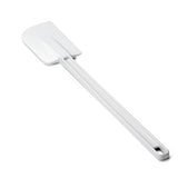A BPA free, heat resistant white plastic spatula with a long handle and a flat, rectangular, slightly curved blade, positioned diagonally on a white background. The handle has a small hole at the end for hanging.