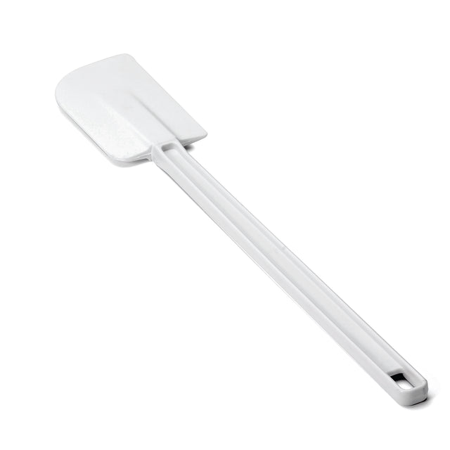 A BPA free, heat resistant white plastic spatula with a long handle and a flat, rectangular, slightly curved blade, positioned diagonally on a white background. The handle has a small hole at the end for hanging.
