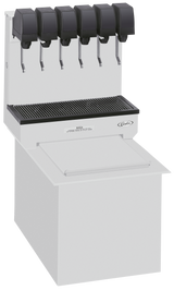 A commercial soda beverage dispenser with five black lever valves sits above a drip tray and built-in ice bin. The unit is white with a silver accent and features ice cooled, self-service beverage dispensing.