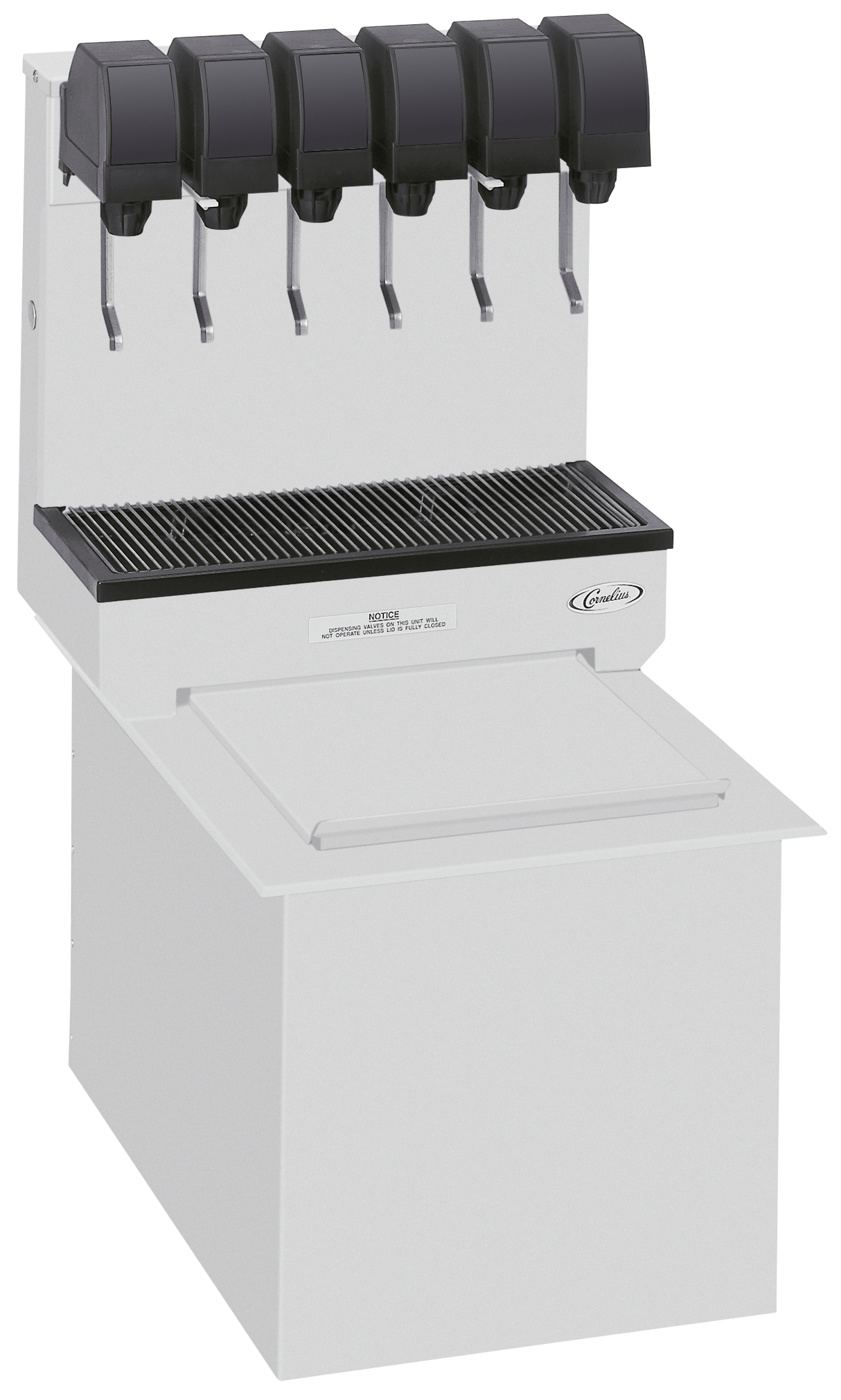 A white Cornelius CB1522 post-mix soda dispenser features five black drink dispensers with levers, a grated drip tray below, and an ice bin with a flat white lid. This ice cooled beverage dispenser stands alone on a white background.