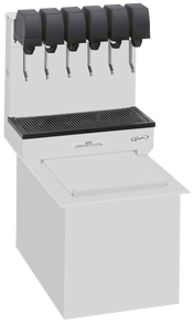 A white Cornelius CB1522 post-mix soda dispenser features five black drink dispensers with levers, a grated drip tray below, and an ice bin with a flat white lid. This ice cooled beverage dispenser stands alone on a white background.