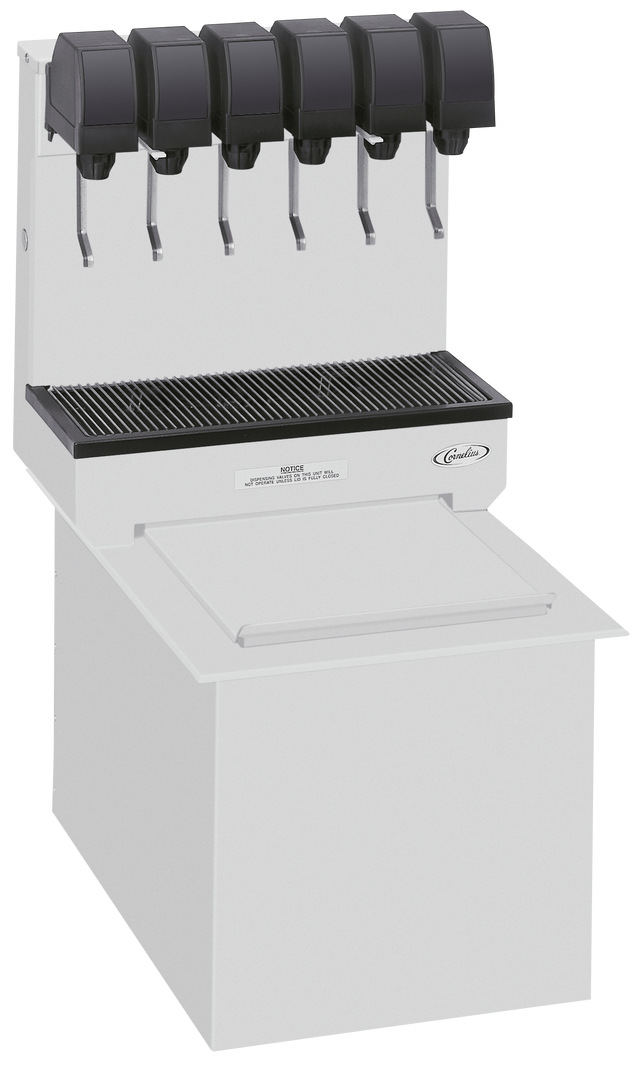 A white Cornelius CB1522 post-mix soda dispenser features five black drink dispensers with levers, a grated drip tray below, and an ice bin with a flat white lid. This ice cooled beverage dispenser stands alone on a white background.