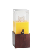 The Westport Beverage Dispenser is a BPA free, 1.5 gallon beverage dispenser featuring a clear top section for ice and orange juice below, with a metal spigot and dark wooden base, set against a plain white background.