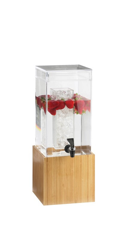 A clear rectangular beverage dispenser with a BPA Free design and a bamboo base holds water, floating strawberries, and ice in a central compartment. A black spigot is attached to the front for dispensing drinks. The background is plain white.
