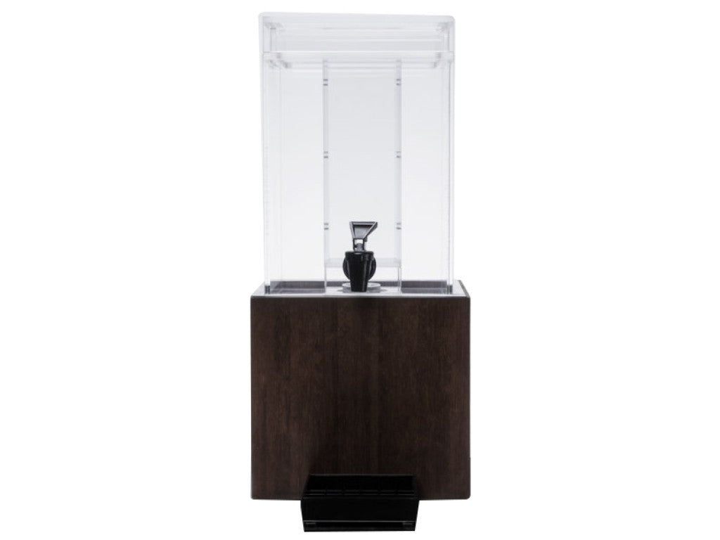 A modern water dispenser with a clear rectangular upper container, a black spigot, and a dark wood-style bamboo beverage dispenser base. A small, black drip tray sits at the bottom. The background is plain white.