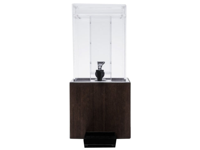 A modern water dispenser with a clear rectangular upper container, a black spigot, and a dark wood-style bamboo beverage dispenser base. A small, black drip tray sits at the bottom. The background is plain white.