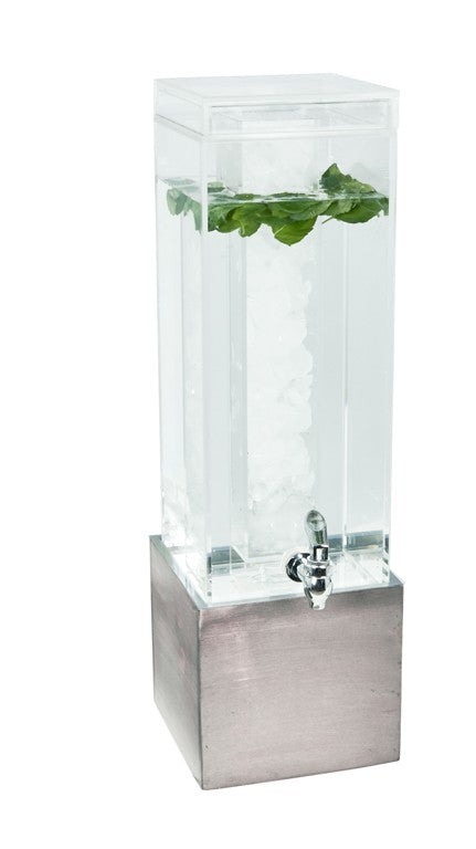 The 3 gallon Aspen Beverage Dispenser features a tall, clear rectangular body with an ice column and metal base. Filled with ice, water, and fresh mint leaves, it has a metal spigot at the front against a plain white background.