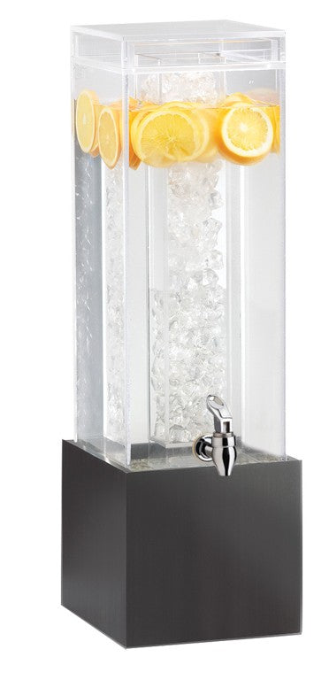 A tall, clear 3 Gallon beverage dispenser with an ice chamber in the center and lemon slices floating on top. It stands on a black square base and features a silver spigot for easy pouring. The water inside is refreshingly cold and clear.