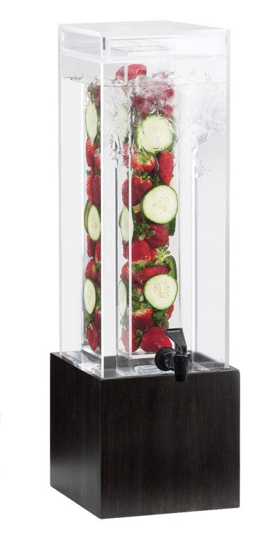 A tall, clear 3 gallon beverage dispenser with a black base features an infusion chamber filled with fresh strawberries, cucumber slices, and mint leaves. The dispenser includes a black spigot at the front for easy pouring.
