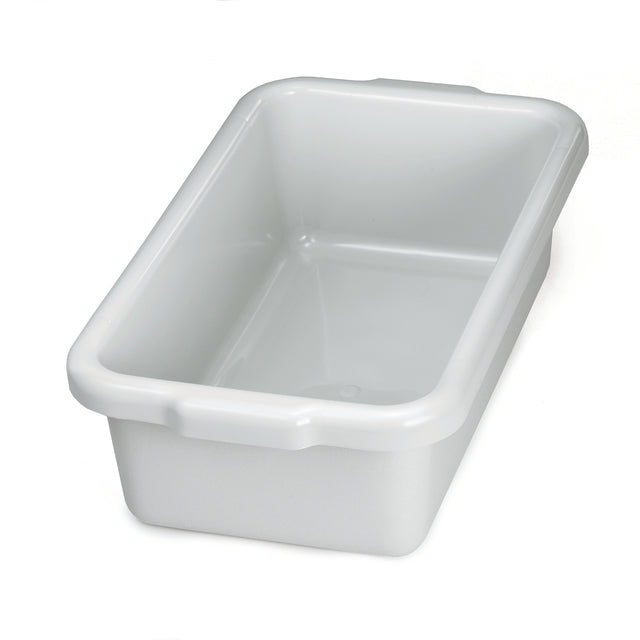 A rectangular, white high density polyethylene tub with rounded edges and a thick, raised rim. This stackable undercounter box is empty and clean, with smooth inner surfaces and shallow depth, suitable for holding or washing items. Photographed on white.