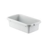 A rectangular, white plastic storage bin made from high density polyethylene, featuring smooth sides and rounded corners. The stackable bin has a slightly raised edge around the top rim and is shown against a plain white background.