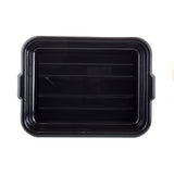 A black, rectangular plastic food container is shown from above on a white background. This stackable container features slightly rounded corners, raised edges, small handles, and a smooth interior with shallow ridges.