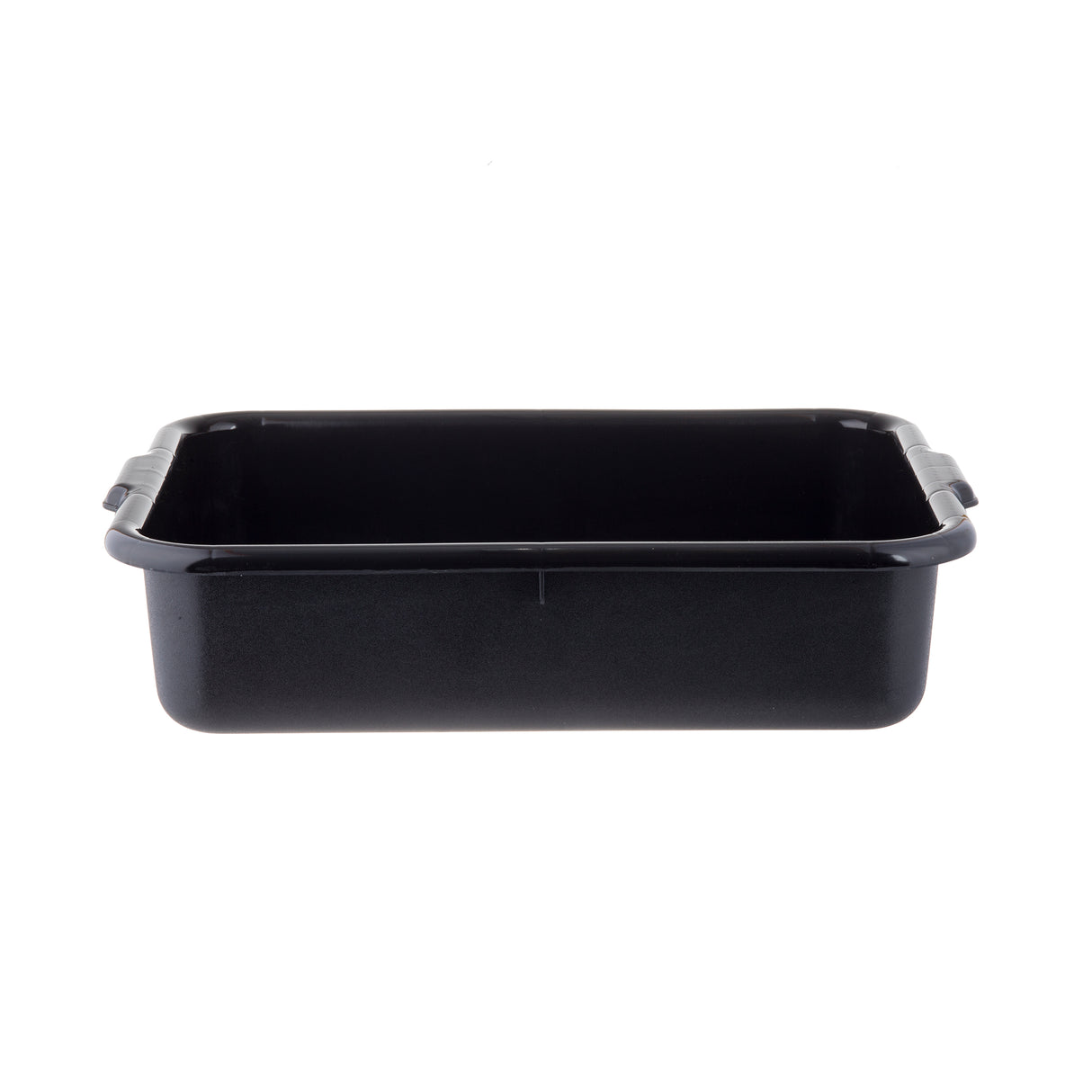 A black, stackable rectangular baking pan with rounded corners and two small handles on each short side, shown against a white background. The pan is empty and has smooth, shiny surfaces.