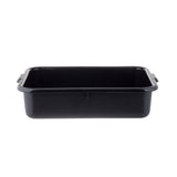 A black, stackable rectangular baking pan with rounded corners and two small handles on each short side, shown against a white background. The pan is empty and has smooth, shiny surfaces.