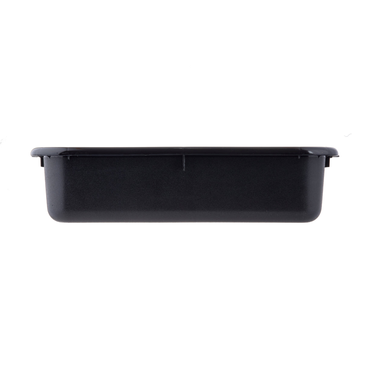 A black rectangular loaf pan pictured from the side on a plain white background. The pan has straight sides, a slight overhang on the rim, and a simple, functional design that's also dishwasher safe for easy cleaning.