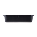 A black rectangular loaf pan pictured from the side on a plain white background. The pan has straight sides, a slight overhang on the rim, and a simple, functional design that's also dishwasher safe for easy cleaning.