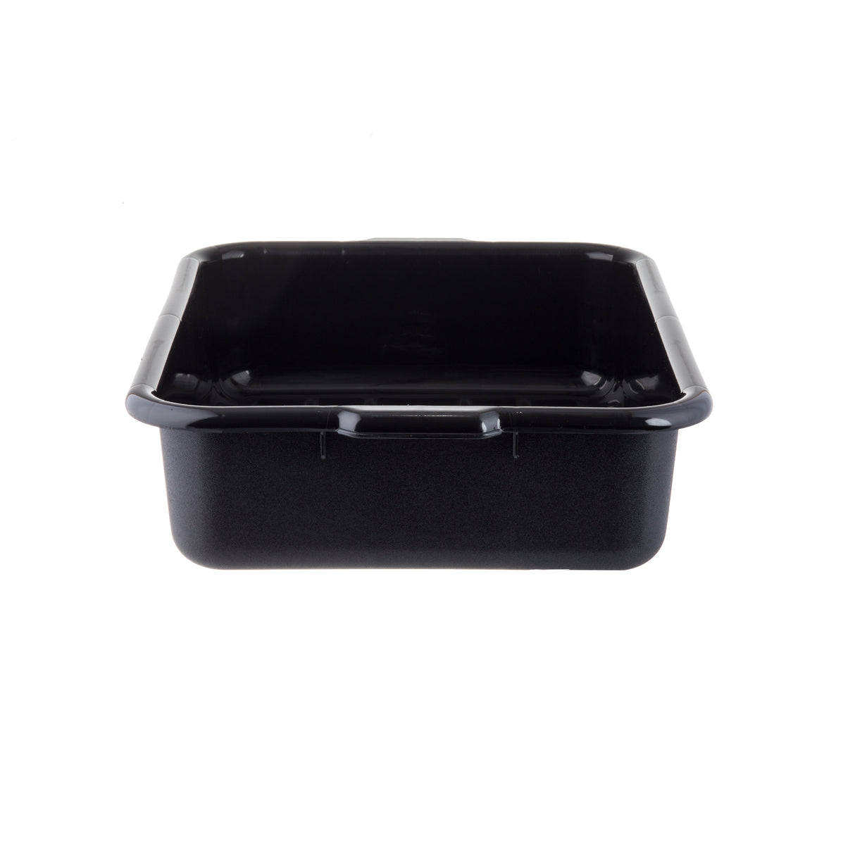 A black, rectangular plastic tote box with rounded corners and slightly outward-sloping sides is shown on a white background. The stackable tub features a smooth, glossy surface and small handles on the shorter sides near the top rim.