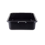 A black, rectangular plastic tote box with rounded corners and slightly outward-sloping sides is shown on a white background. The stackable tub features a smooth, glossy surface and small handles on the shorter sides near the top rim.