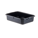 A rectangular, shallow, black plastic tote box with rounded corners and smooth edges is shown on a white background. The bin features slightly outward-sloping sides and is stackable for convenient storage. No markings, handles, or lid are visible.