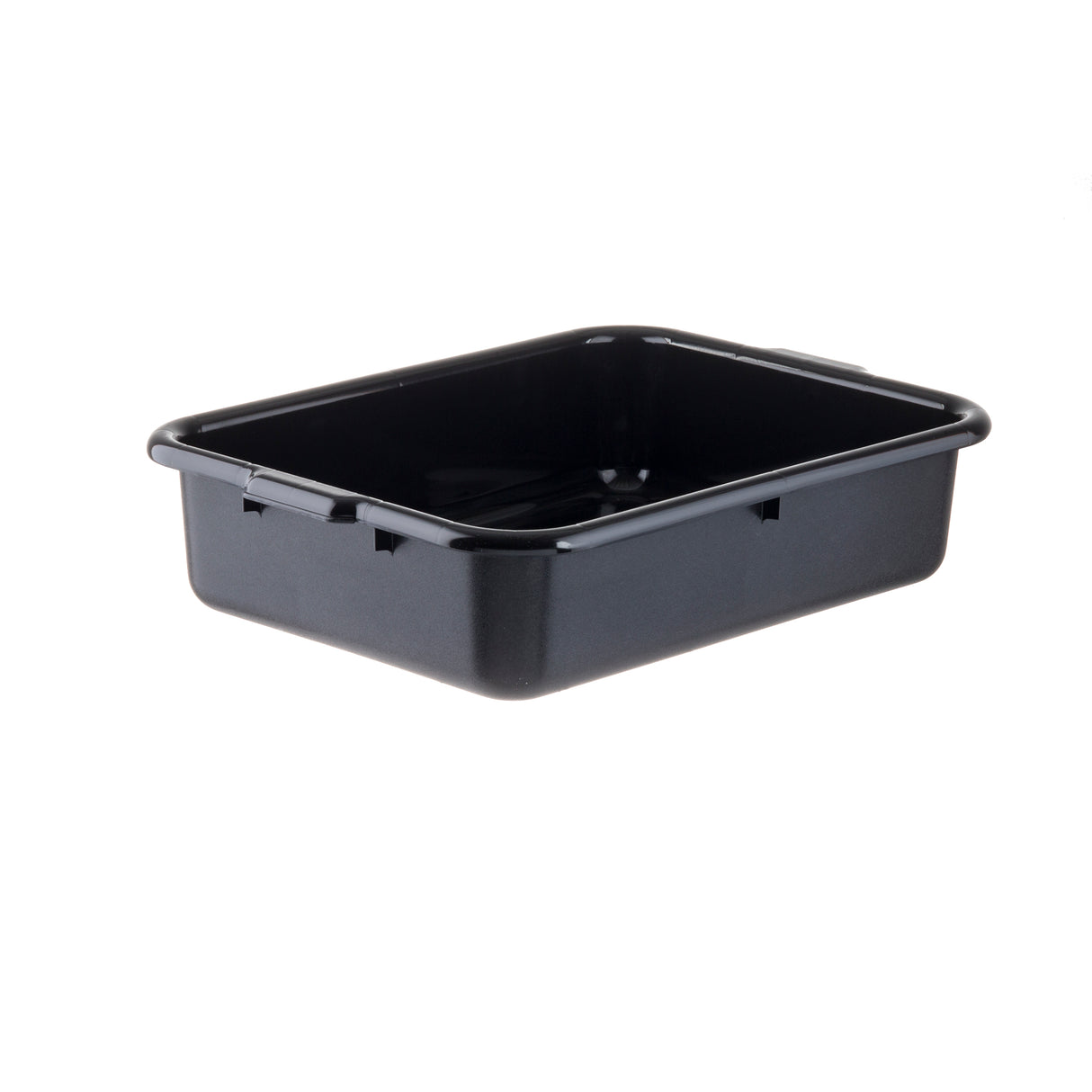 A rectangular, black plastic tote box with rounded edges and slightly tapered sides sits on a white background. The stackable bin appears empty and has small handles on the shorter sides for easy carrying.