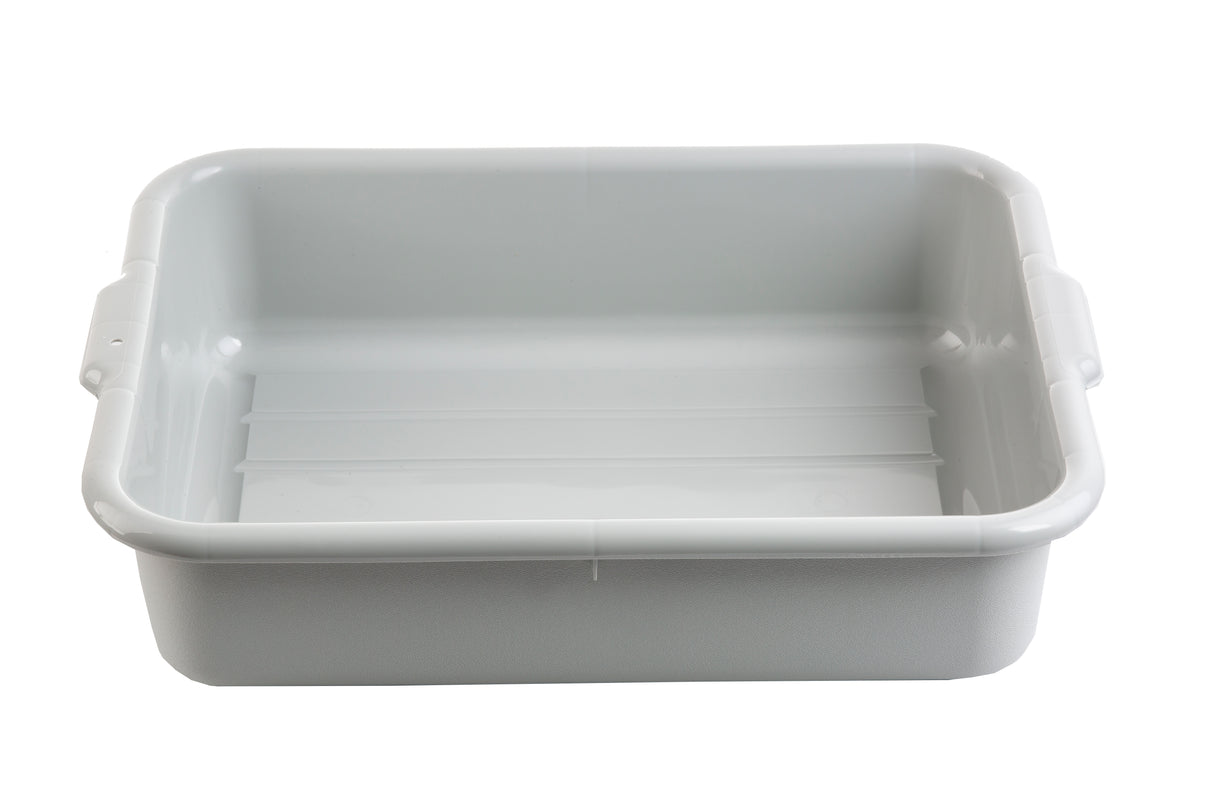A rectangular, light gray plastic tote box with slightly rounded corners and raised edges. The tub has two small side handles, a smooth, glossy interior, and is stackable. It is empty and photographed against a white background.