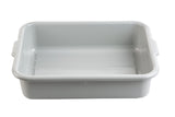 A rectangular, light gray plastic tote box with slightly rounded corners and raised edges. The tub has two small side handles, a smooth, glossy interior, and is stackable. It is empty and photographed against a white background.