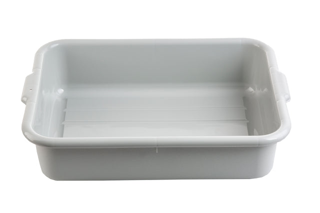 A rectangular, light gray plastic tote box with slightly rounded corners and raised edges. The tub has two small side handles, a smooth, glossy interior, and is stackable. It is empty and photographed against a white background.