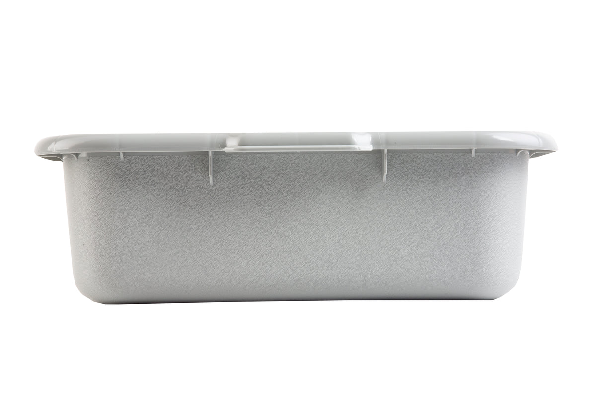 A large, rectangular, light gray stackable Tote Box with a fitted lid. The bin is shown from the side against a white background. The surface appears smooth, with three plastic reinforcement ribs visible near the top edge.