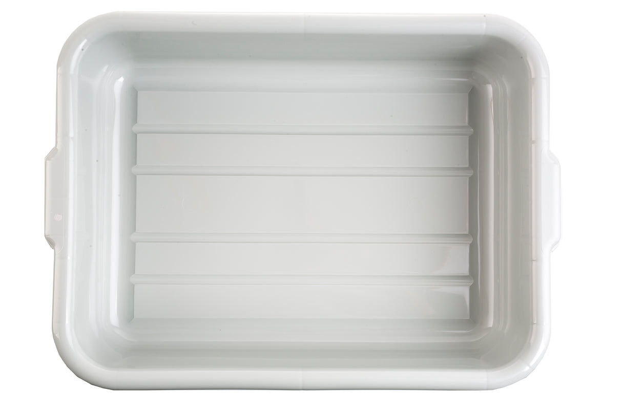 A white, rectangular stackable tote box with slightly rounded corners and grooved lines on the bottom. The bin features small handles on each short side and is empty, viewed from above against a plain white background.