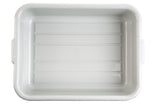A white, rectangular stackable tote box with slightly rounded corners and grooved lines on the bottom. The bin features small handles on each short side and is empty, viewed from above against a plain white background.
