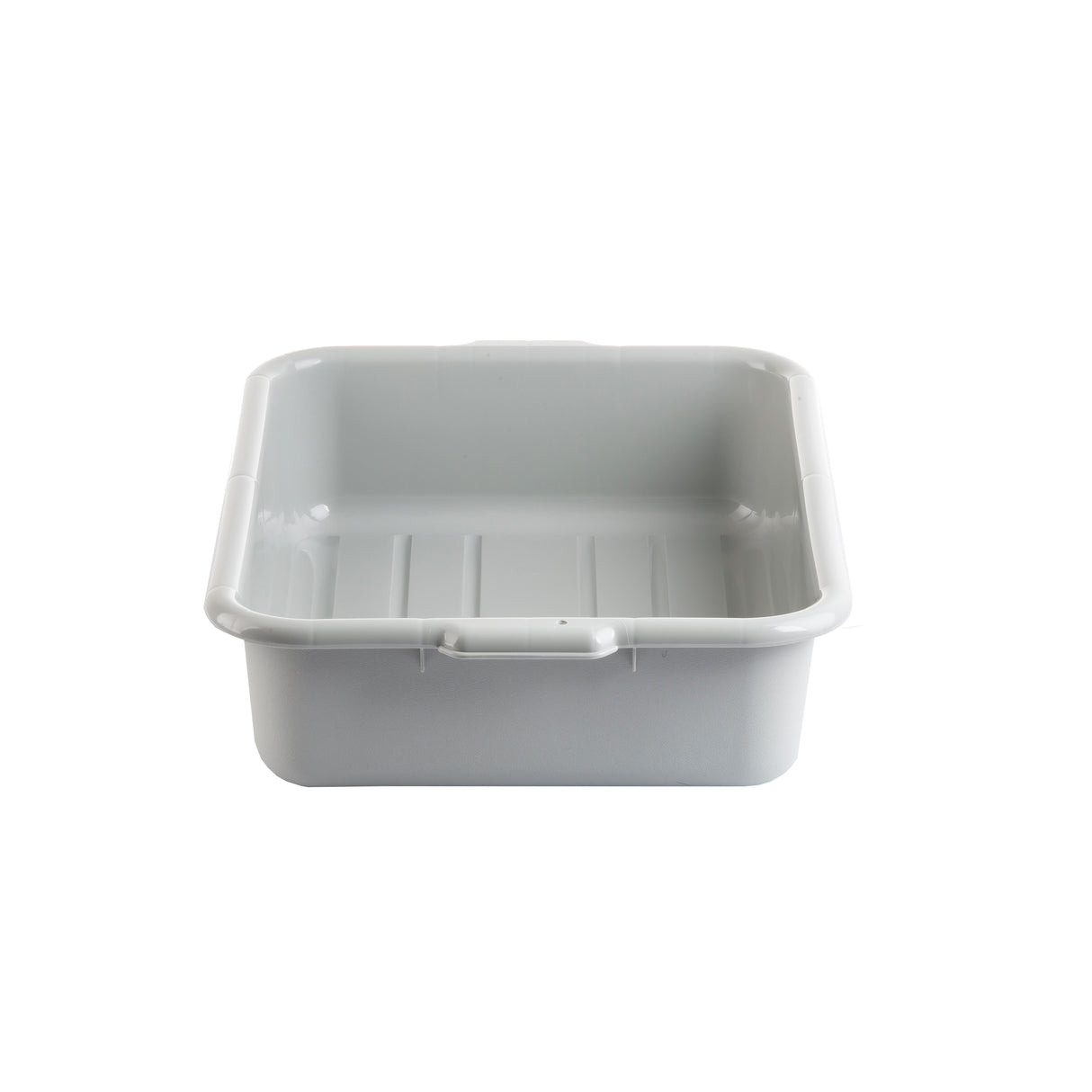 A plain, square, light gray plastic Tote Box with rounded corners and a slightly raised rim. Stackable and dishwasher safe, the empty basin sits on a white background and features shallow grooves on its inner base for added structure.