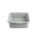 A plain, square, light gray plastic Tote Box with rounded corners and a slightly raised rim. Stackable and dishwasher safe, the empty basin sits on a white background and features shallow grooves on its inner base for added structure.